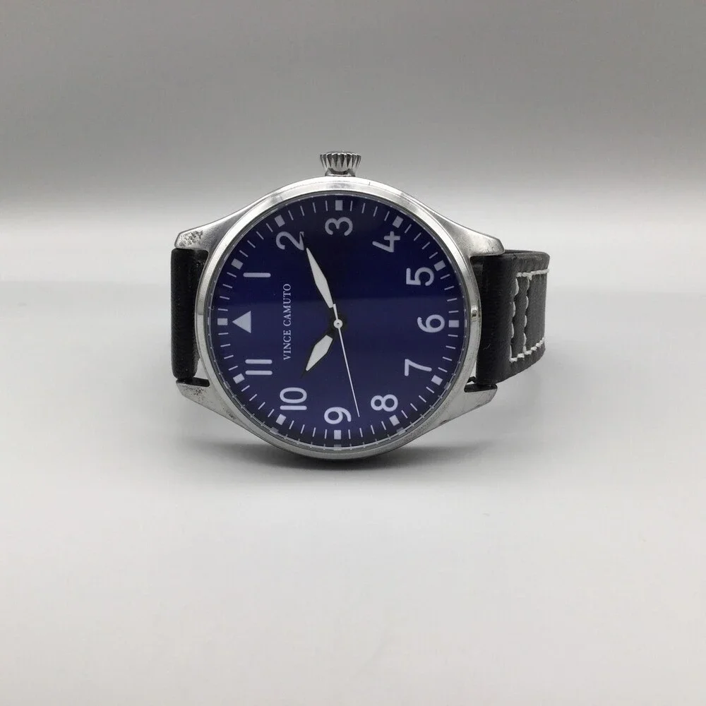 Vince Camuto Mens Watch 42mm Silver Tone Blue Dial Black Faux Leather 3ATM